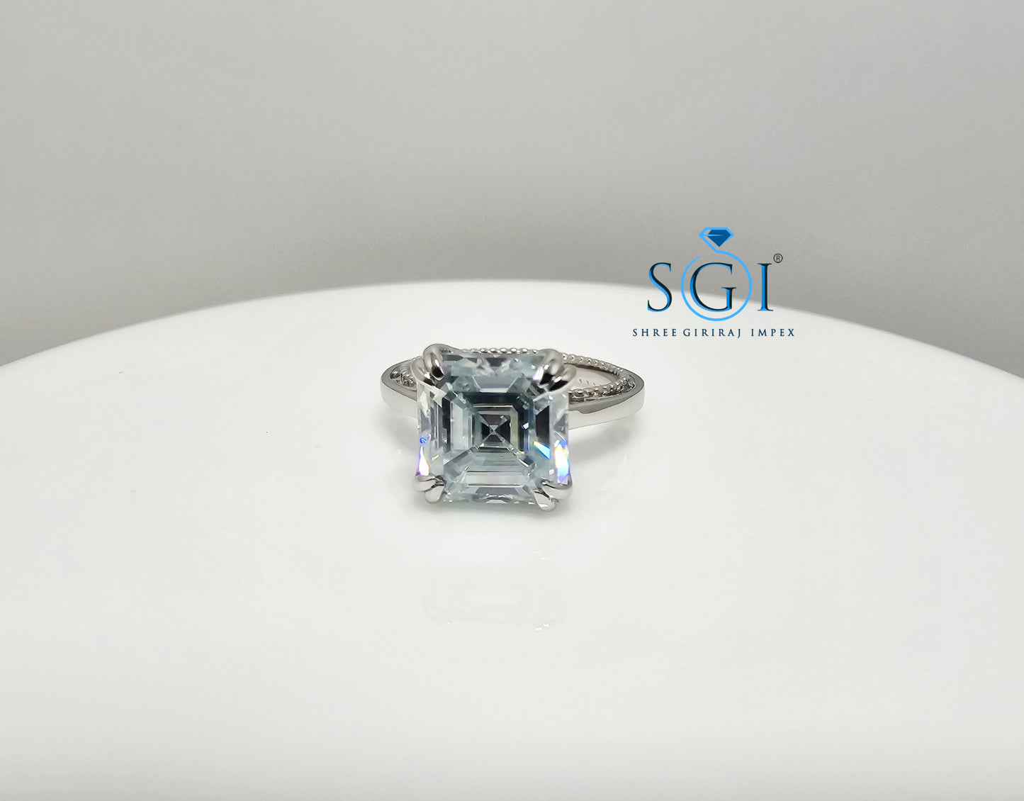Luxury Platinum Ring with 8.5mm Aqua Blue Moissanite Diamond (Asscher Cut)