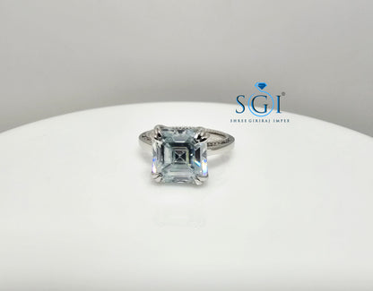 Luxury Platinum Ring with 8.5mm Aqua Blue Moissanite Diamond (Asscher Cut)