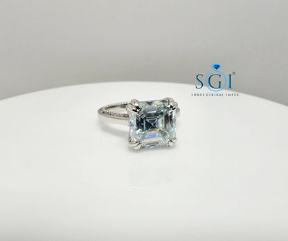 Luxury Platinum Ring with 8.5mm Aqua Blue Moissanite Diamond (Asscher Cut)