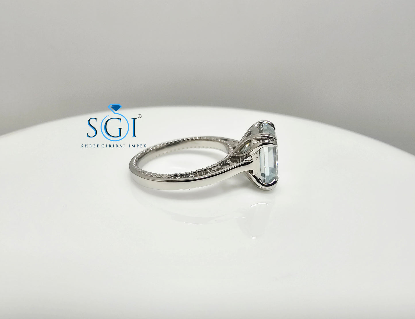 Luxury Platinum Ring with 8.5mm Aqua Blue Moissanite Diamond (Asscher Cut)