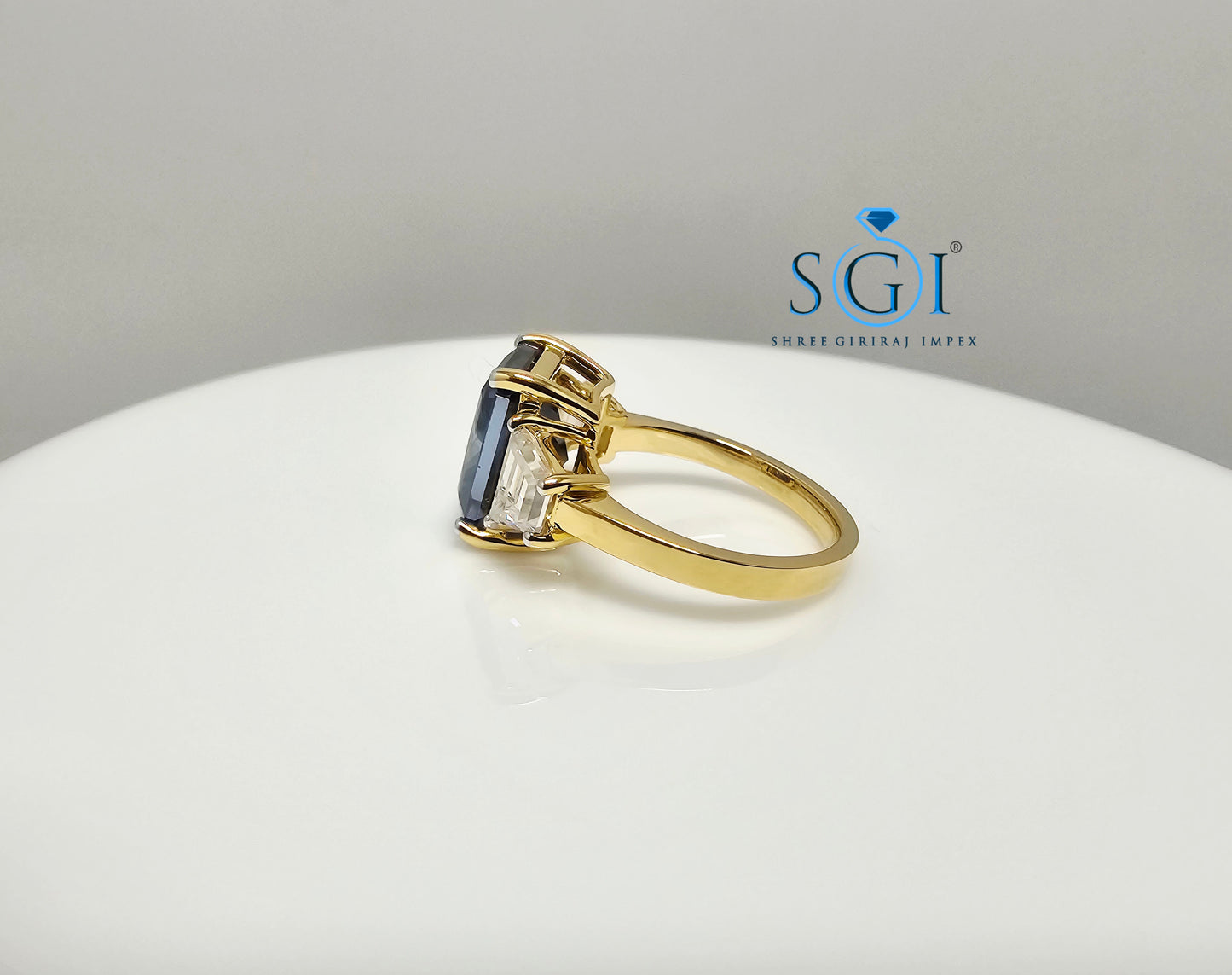 Luxury Solid Gold Three Stone Ring with 4.52ct Royal Blue & White Moissanite Diamonds