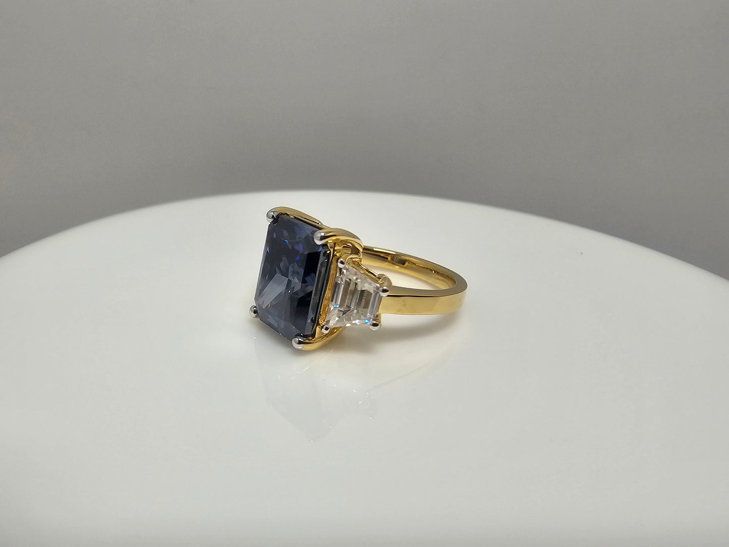 Luxury Solid Gold Three Stone Ring with 4.52ct Royal Blue & White Moissanite Diamonds