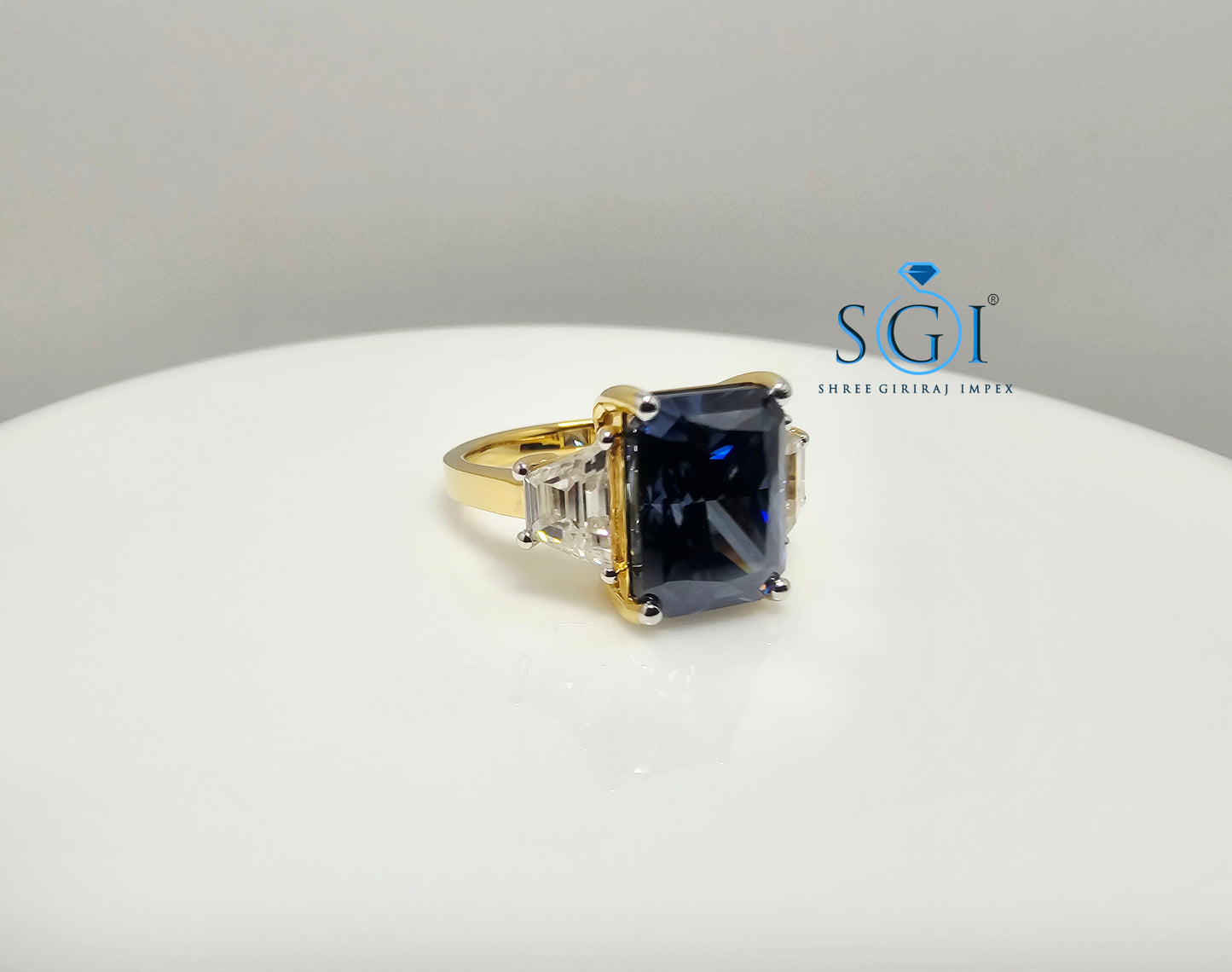 Luxury Solid Gold Three Stone Ring with 4.52ct Royal Blue & White Moissanite Diamonds