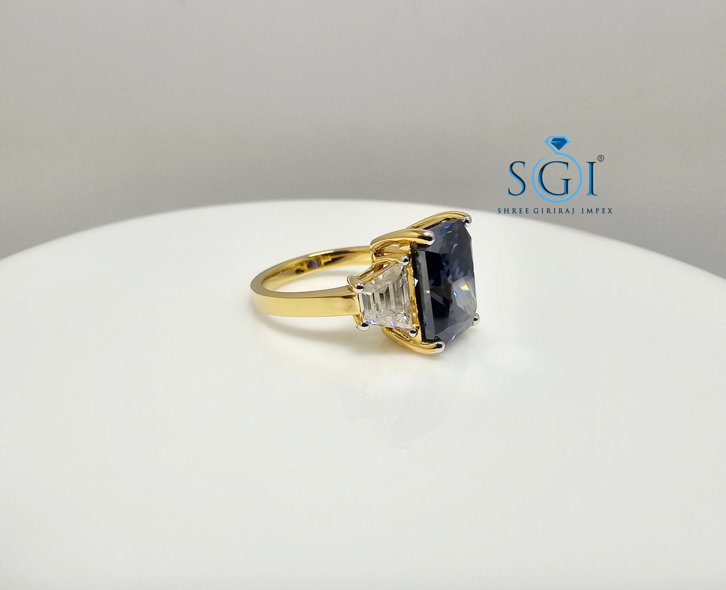 Luxury Solid Gold Three Stone Ring with 4.52ct Royal Blue & White Moissanite Diamonds