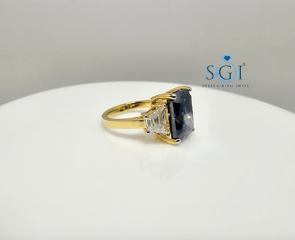 Luxury Solid Gold Three Stone Ring with 4.52ct Royal Blue & White Moissanite Diamonds