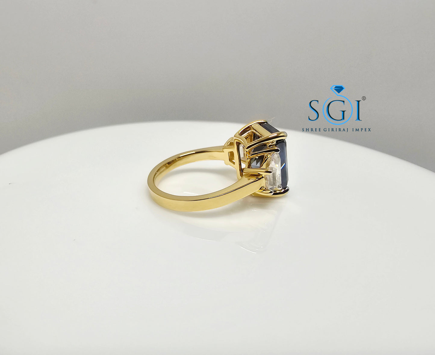 Luxury Solid Gold Three Stone Ring with 4.52ct Royal Blue & White Moissanite Diamonds