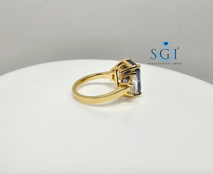 Luxury Solid Gold Three Stone Ring with 4.52ct Royal Blue & White Moissanite Diamonds