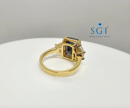 Luxury Solid Gold Three Stone Ring with 4.52ct Royal Blue & White Moissanite Diamonds