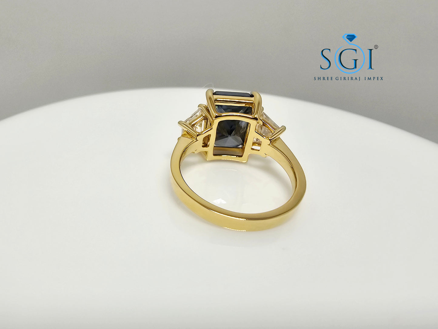 Luxury Solid Gold Three Stone Ring with 4.52ct Royal Blue & White Moissanite Diamonds