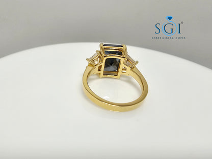 Luxury Solid Gold Three Stone Ring with 4.52ct Royal Blue & White Moissanite Diamonds