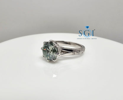 3 Ct Natural Green Moissanite Ring – Octa Hexagon Cut in Vintage Silver, Elegant Statement Jewelry