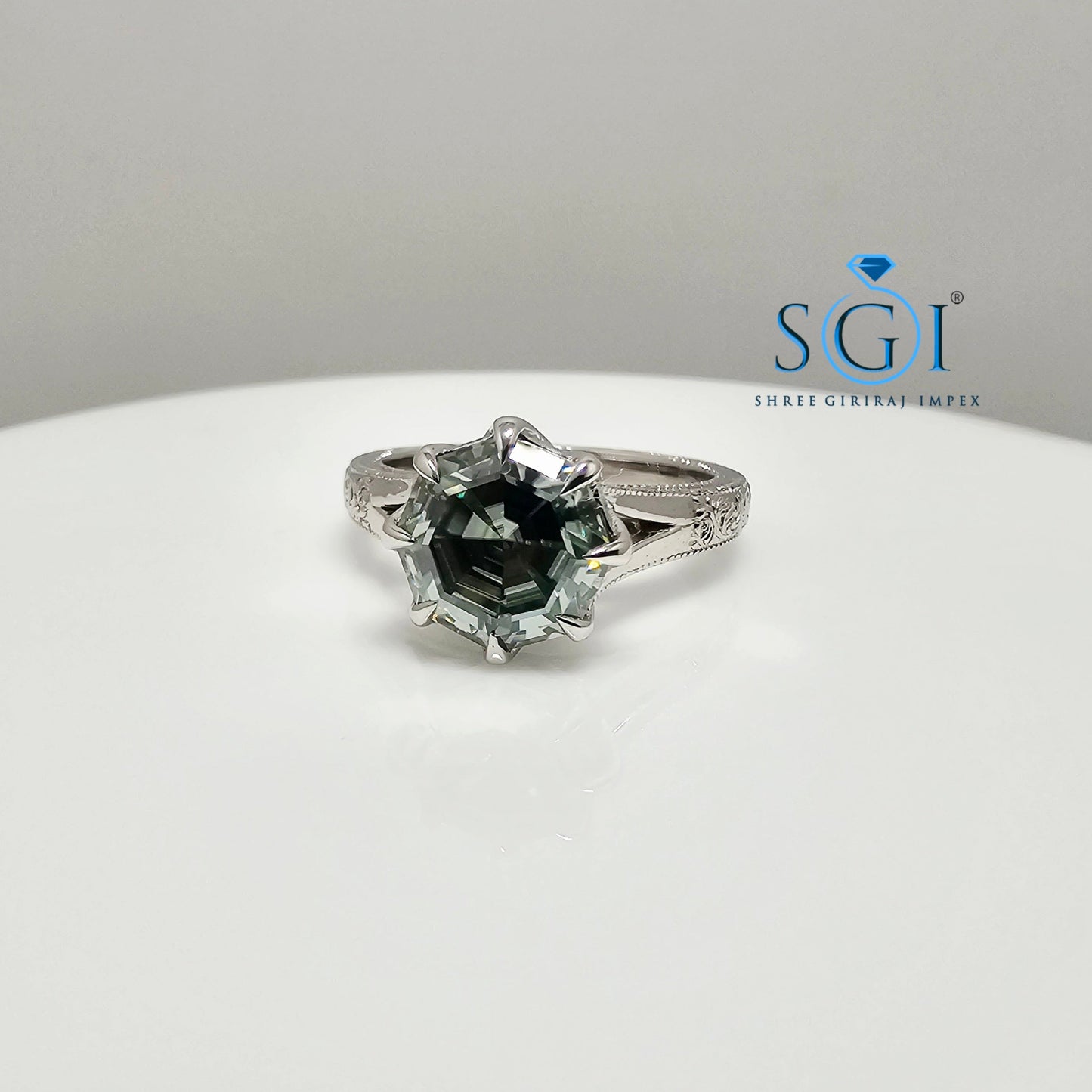 3 Ct Natural Green Moissanite Ring – Octa Hexagon Cut in Vintage Silver, Elegant Statement Jewelry