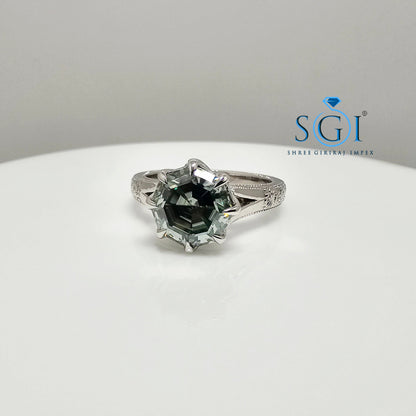 3 Ct Natural Green Moissanite Ring – Octa Hexagon Cut in Vintage Silver, Elegant Statement Jewelry