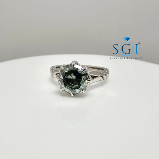 3 Ct Natural Green Moissanite Ring – Octa Hexagon Cut in Vintage Silver, Elegant Statement Jewelry
