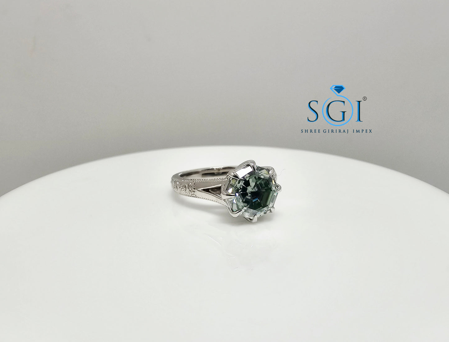3 Ct Natural Green Moissanite Ring – Octa Hexagon Cut in Vintage Silver, Elegant Statement Jewelry