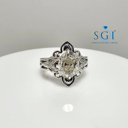 3.50 Ct Hybrid Crushed Ice Oval Moissanite Diamond Vintage Silver Ring – Luxurious Statement Jewelry