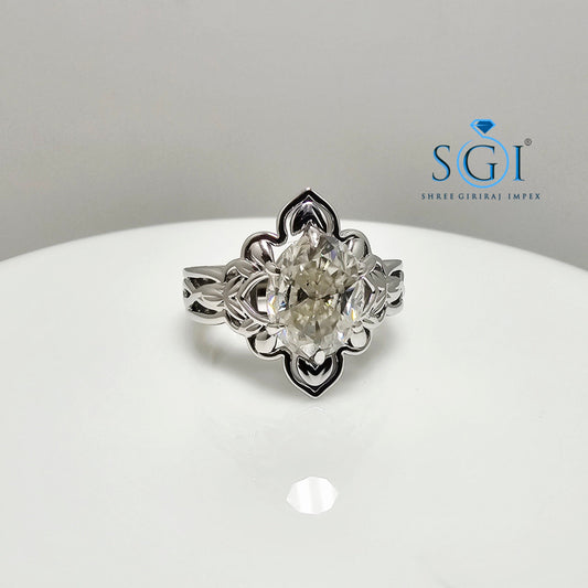3.50 Ct Hybrid Crushed Ice Oval Moissanite Diamond Vintage Silver Ring – Luxurious Statement Jewelry