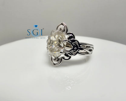 3.50 Ct Hybrid Crushed Ice Oval Moissanite Diamond Vintage Silver Ring – Luxurious Statement Jewelry