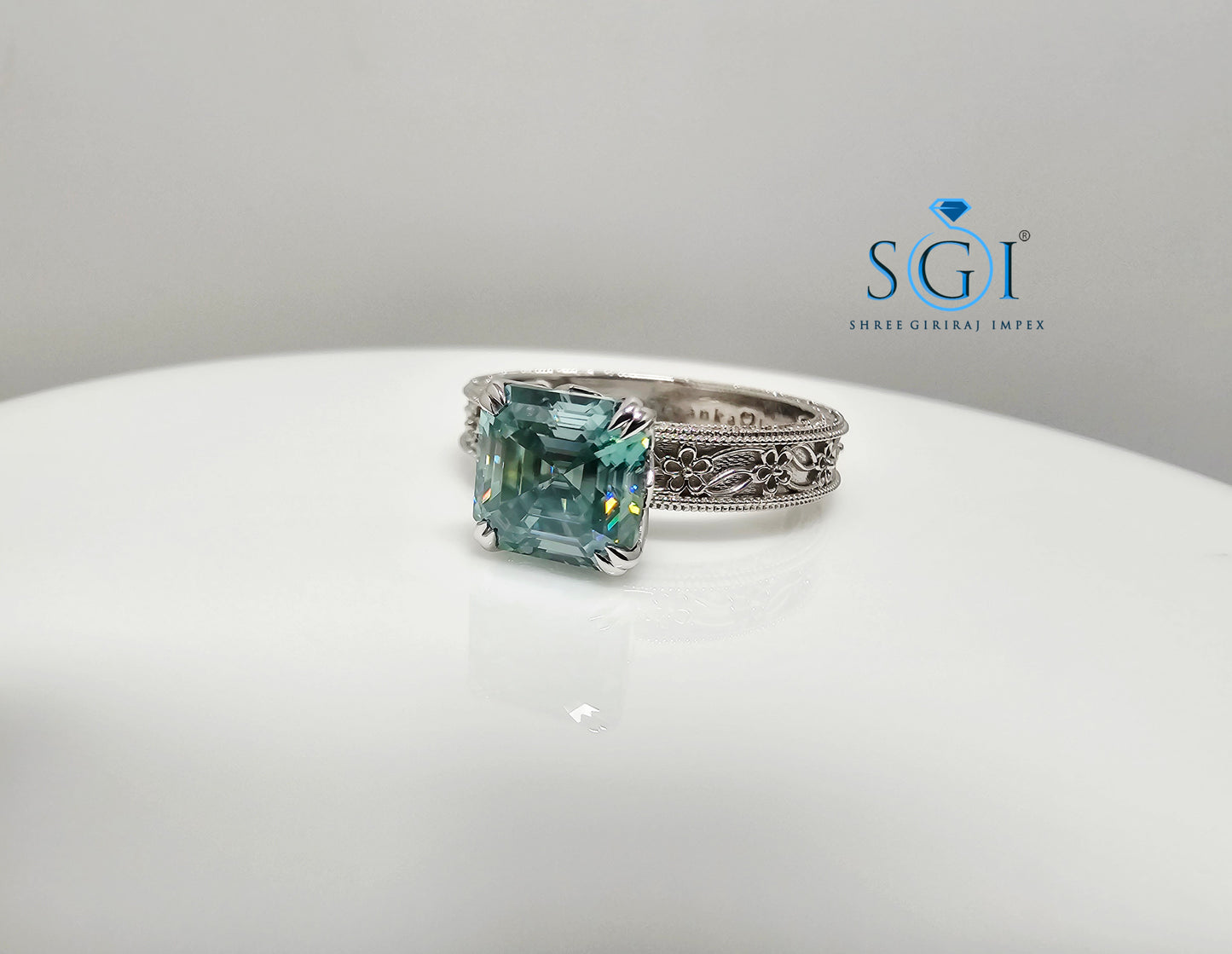 3 Ct Royal Aqua Blue Asscher Cut Moissanite Diamond Vintage Ring in 925 Sterling Silver | Elegant Antique Style Jewelry