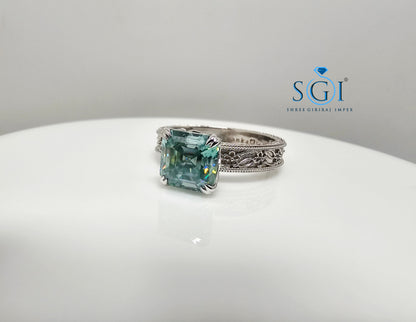 3 Ct Royal Aqua Blue Asscher Cut Moissanite Diamond Vintage Ring in 925 Sterling Silver | Elegant Antique Style Jewelry