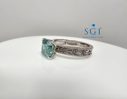 3 Ct Royal Aqua Blue Asscher Cut Moissanite Diamond Vintage Ring in 925 Sterling Silver | Elegant Antique Style Jewelry