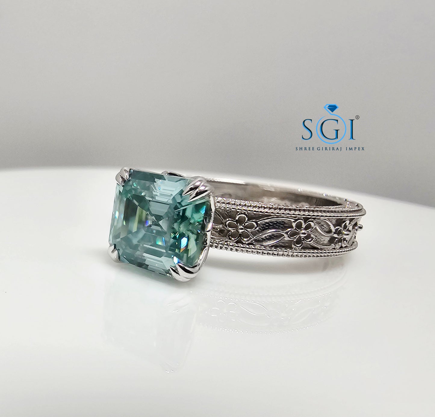 3 Ct Royal Aqua Blue Asscher Cut Moissanite Diamond Vintage Ring in 925 Sterling Silver | Elegant Antique Style Jewelry