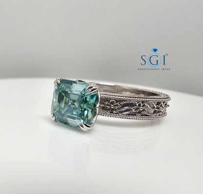 3 Ct Royal Aqua Blue Asscher Cut Moissanite Diamond Vintage Ring in 925 Sterling Silver | Elegant Antique Style Jewelry