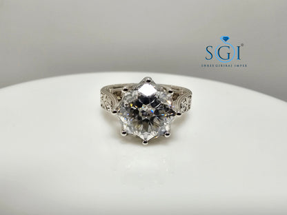 10mm Round 4.10 Ct White Moissanite Antique Diamond Silver Ring | Elegant Vintage Jewelry Design