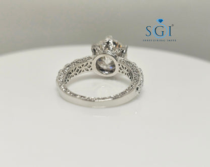 Handcrafted Vintage Silver Ring with 3.80ct 10mm Portuguese Cut White Moissanite