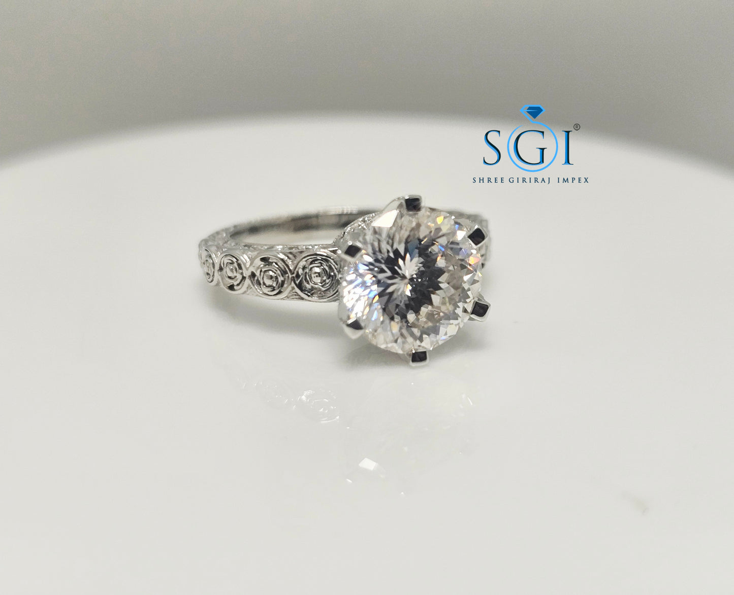 Handcrafted Vintage Silver Ring with 3.80ct 10mm Portuguese Cut White Moissanite