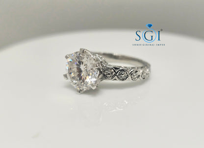 Handcrafted Vintage Silver Ring with 3.80ct 10mm Portuguese Cut White Moissanite