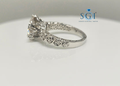 Handcrafted Vintage Silver Ring with 3.80ct 10mm Portuguese Cut White Moissanite