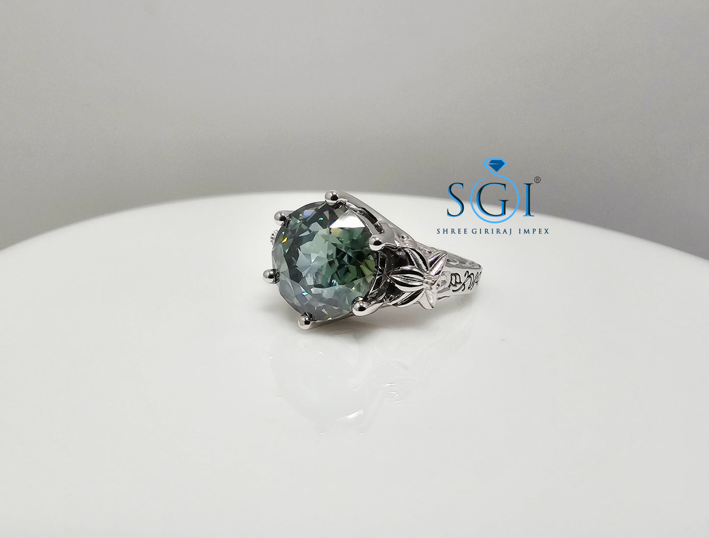 Antique-Style Silver Ring Featuring 4ct Green Jubilee Cut Moissanite (10mm)