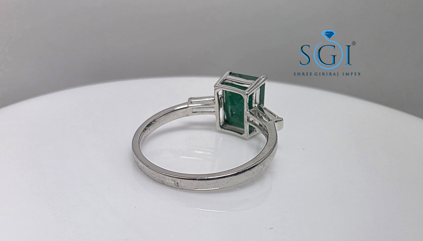 Premium 2 Ct Panna (Natural Emerald) & Moissanite Baguette Three Stone Astrology Ring
