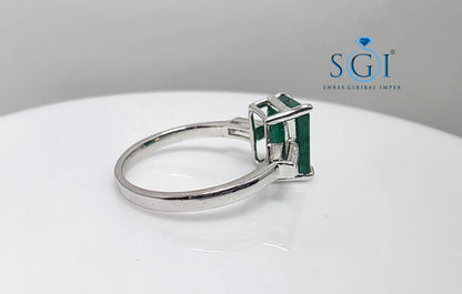 Premium 2 Ct Panna (Natural Emerald) & Moissanite Baguette Three Stone Astrology Ring