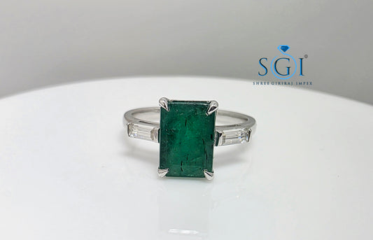 Premium 2 Ct Panna (Natural Emerald) & Moissanite Baguette Three Stone Astrology Ring