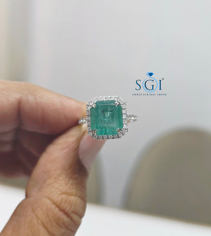 6 Ct Natural Panna Emerald Ring with 1.30 Ctw CVD Diamonds in 14K White Gold | 10.5mm Emerald