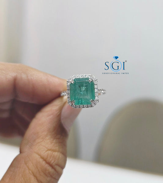 6 Ct Natural Panna Emerald Ring with 1.30 Ctw CVD Diamonds in 14K White Gold | 10.5mm Emerald