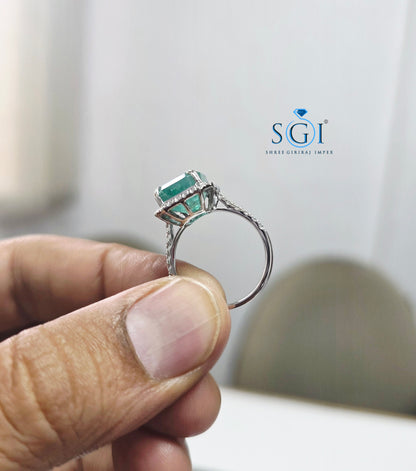 6 Ct Natural Panna Emerald Ring with 1.30 Ctw CVD Diamonds in 14K White Gold | 10.5mm Emerald