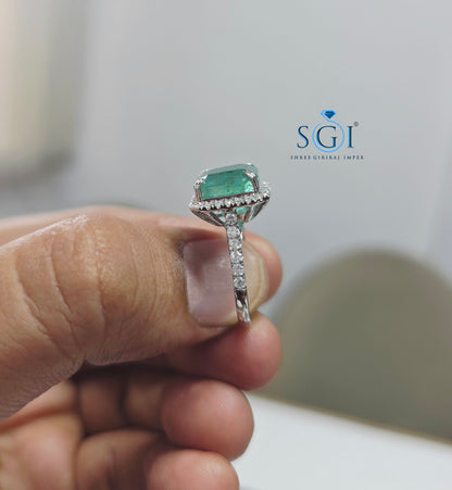 6 Ct Natural Panna Emerald Ring with 1.30 Ctw CVD Diamonds in 14K White Gold | 10.5mm Emerald