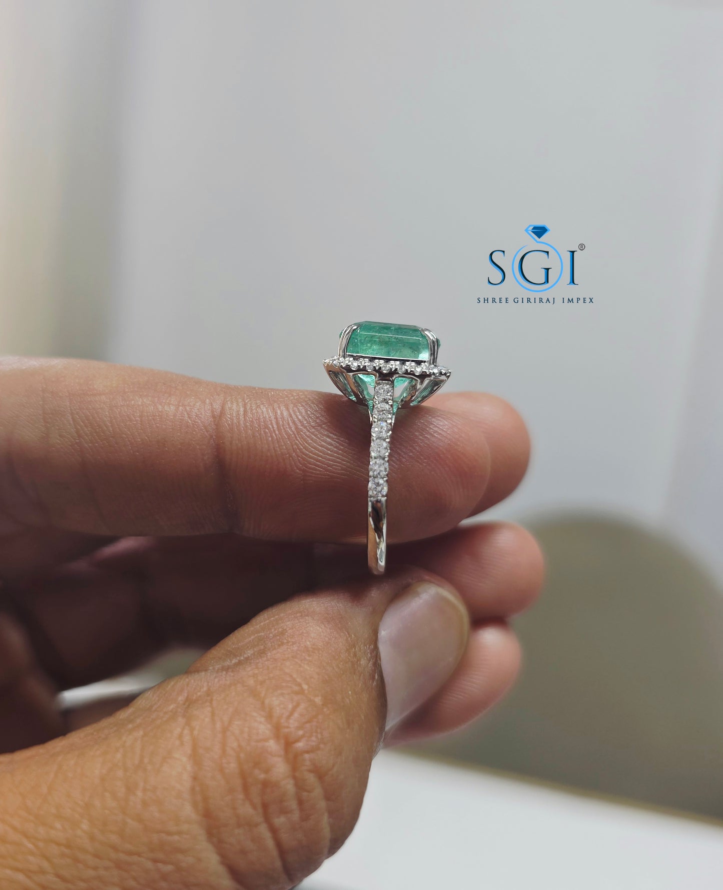 6 Ct Natural Panna Emerald Ring with 1.30 Ctw CVD Diamonds in 14K White Gold | 10.5mm Emerald