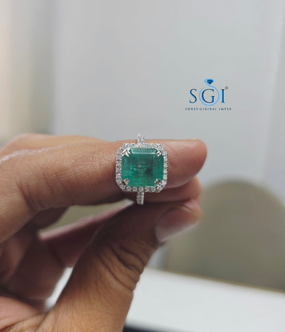 6 Ct Natural Panna Emerald Ring with 1.30 Ctw CVD Diamonds in 14K White Gold | 10.5mm Emerald