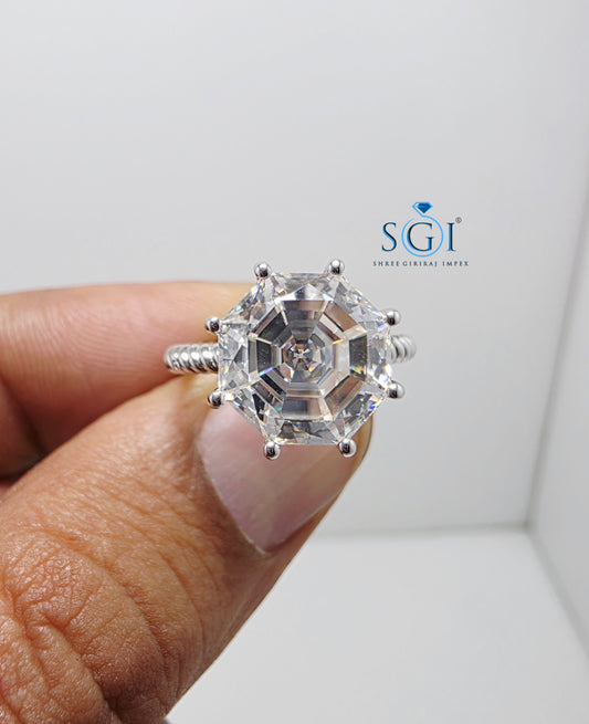5.05 Ct 10.5mm Rose Cut Hexagon Moissanite Ring | 925 Sterling Silver Handmade