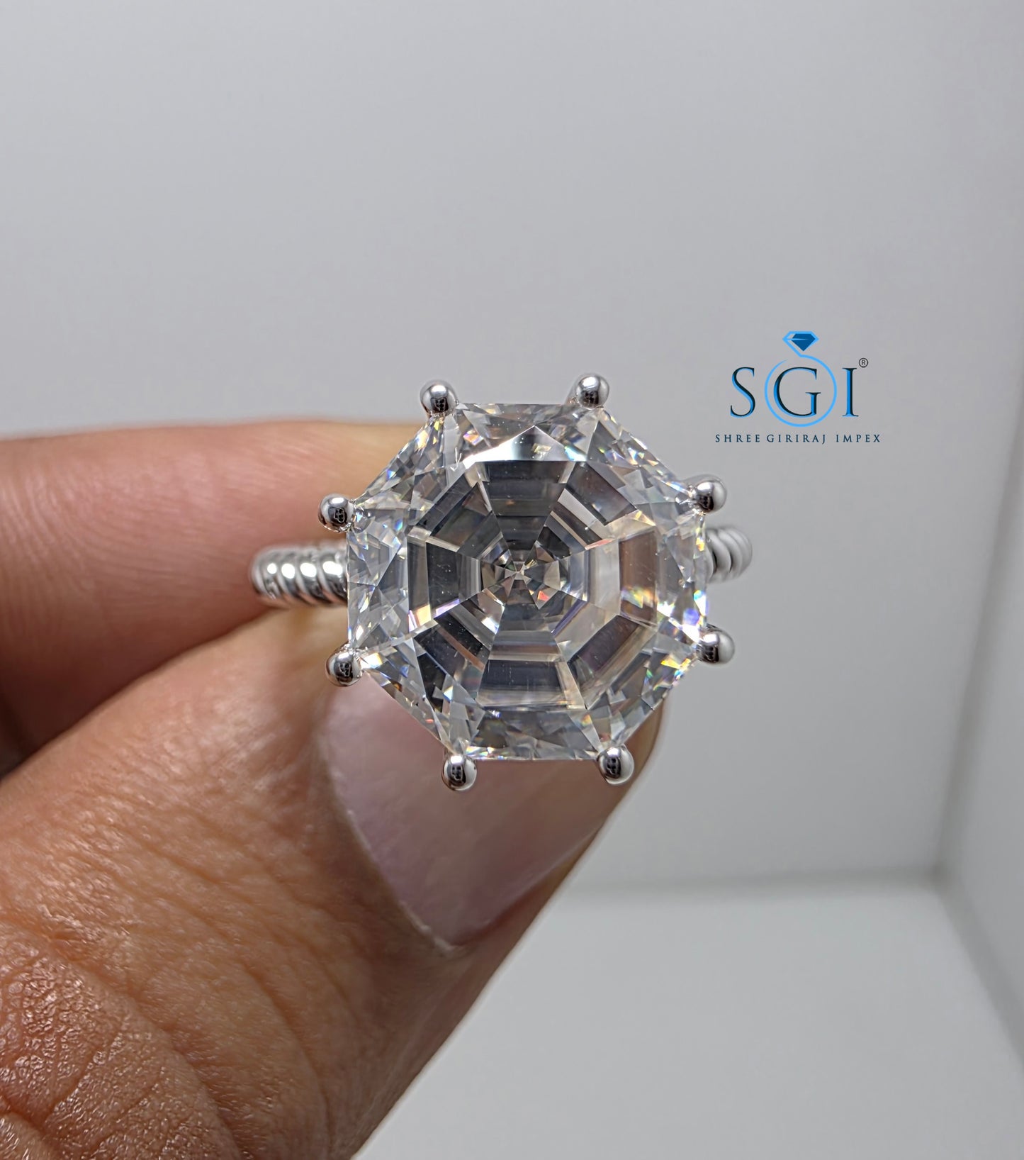 5.05 Ct 10.5mm Rose Cut Hexagon Moissanite Ring | 925 Sterling Silver Handmade