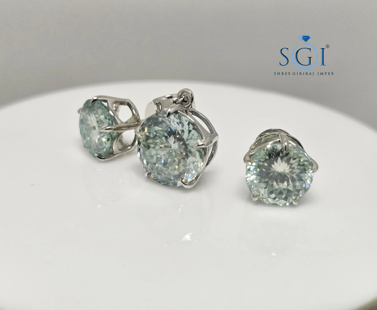 Aqua Blue Moissanite Jewelry Set: White Gold Earrings & Pendant