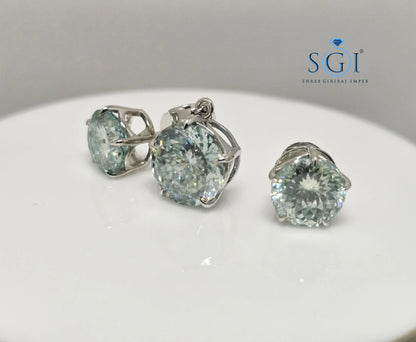Aqua Blue Moissanite Jewelry Set: White Gold Earrings & Pendant