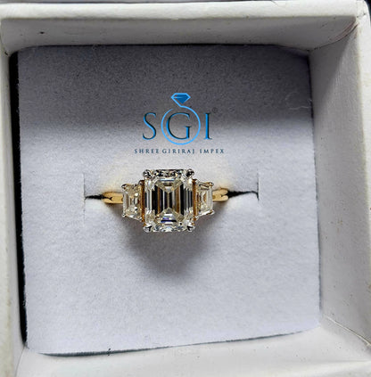 Elegant Emerald Cut Moissanite Engagement Ring – 3-Stone Yellow Gold Setting