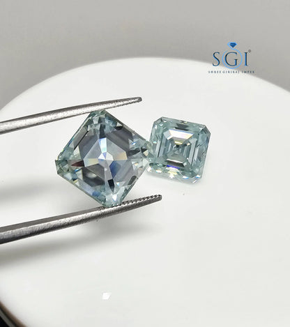 12mm Aqua Light Blue Asscher Shape Moissanite Loose Stone — Ideal for Rings, Earrings & Pendants