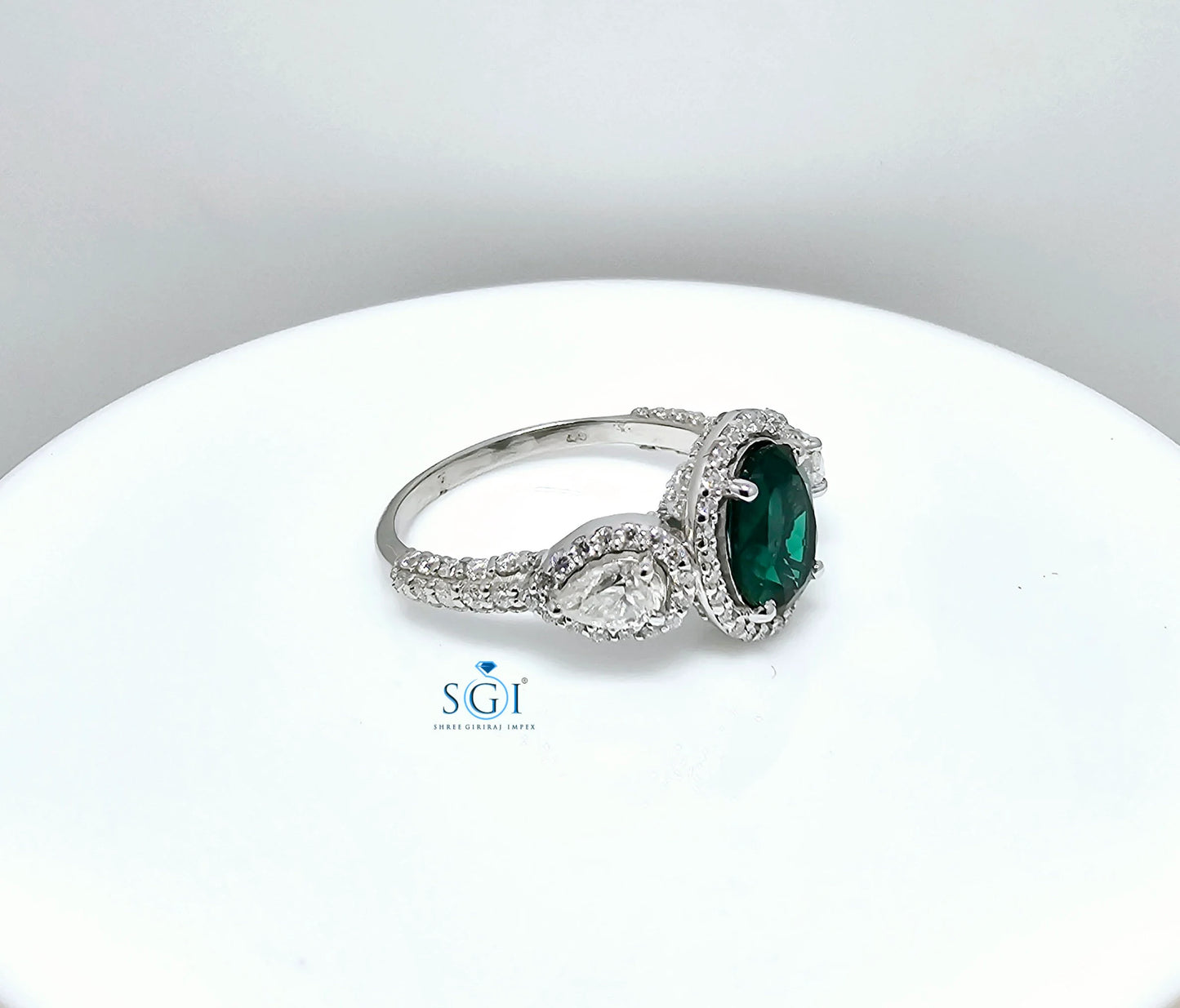 Lab Emerald Halo Ring: Moissanite Accents, Gold or Silver Engagement