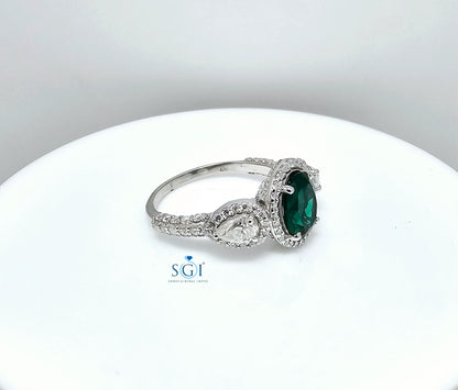 Lab Emerald Halo Ring: Moissanite Accents, Gold or Silver Engagement